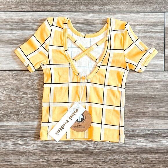 NWT! Mini Rodini Yellow Check Ballet Short Sleeve Shirt Size 9M-18M - Picture 2 of 3